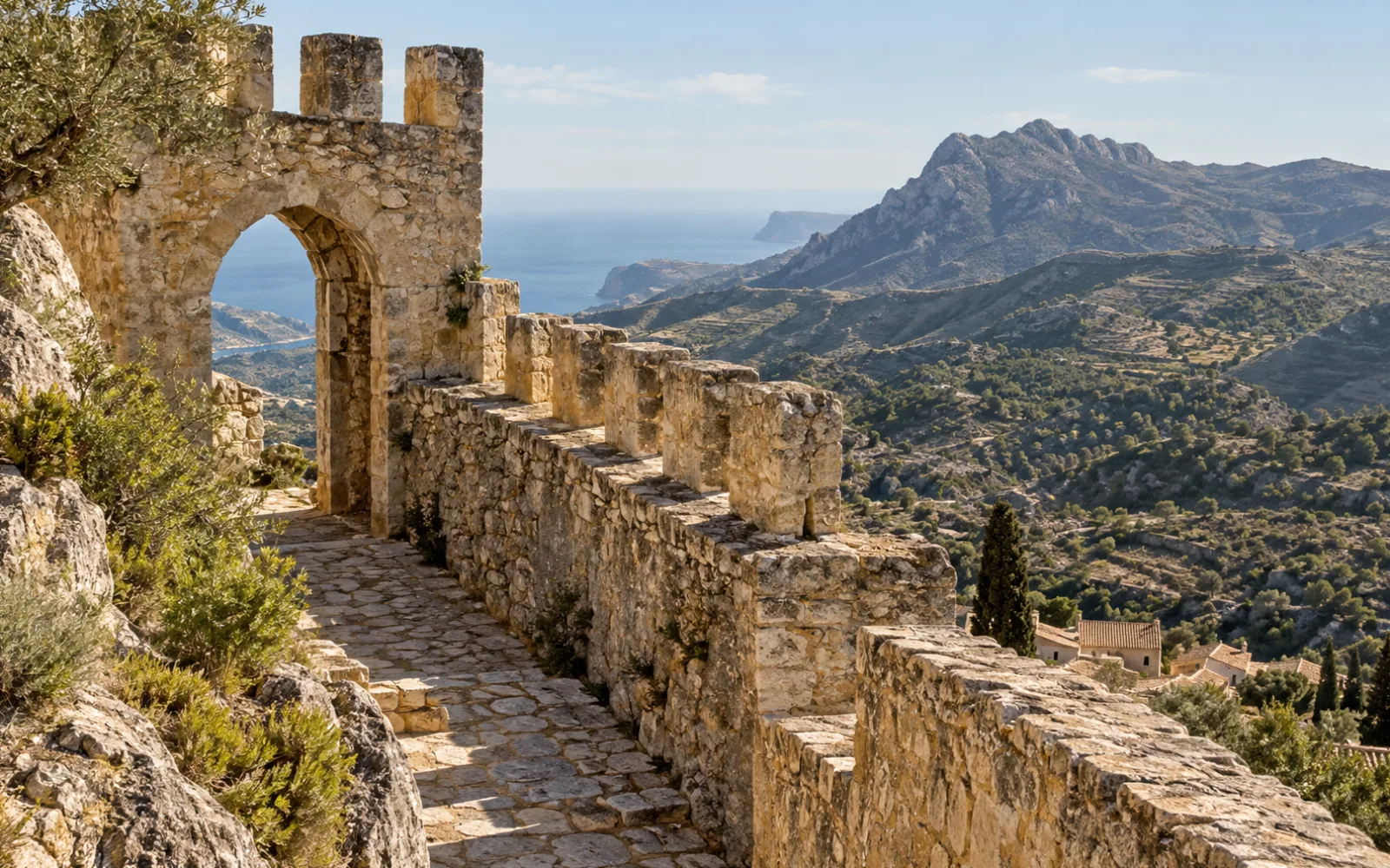 Arquitectura de piedra y paisaje mediterráneo — recreación visual con IA, no es un lugar concreto