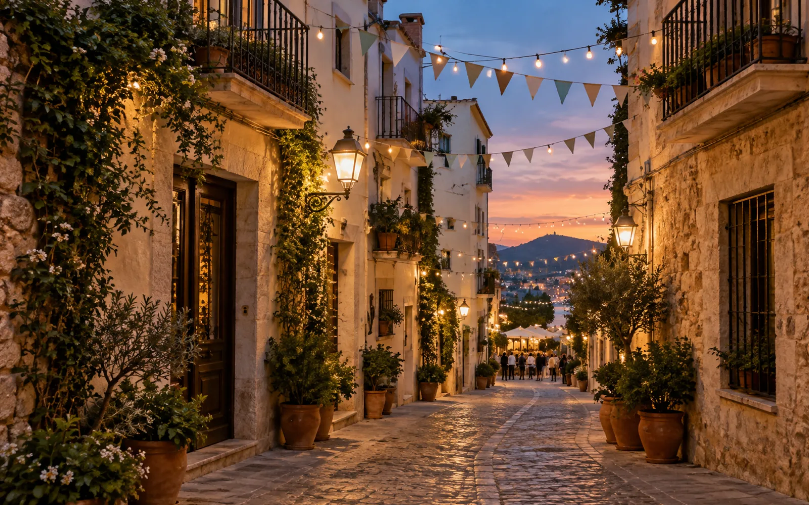 Una calle mediterránea engalanada al anochecer — recreación visual con IA, no es un lugar concreto