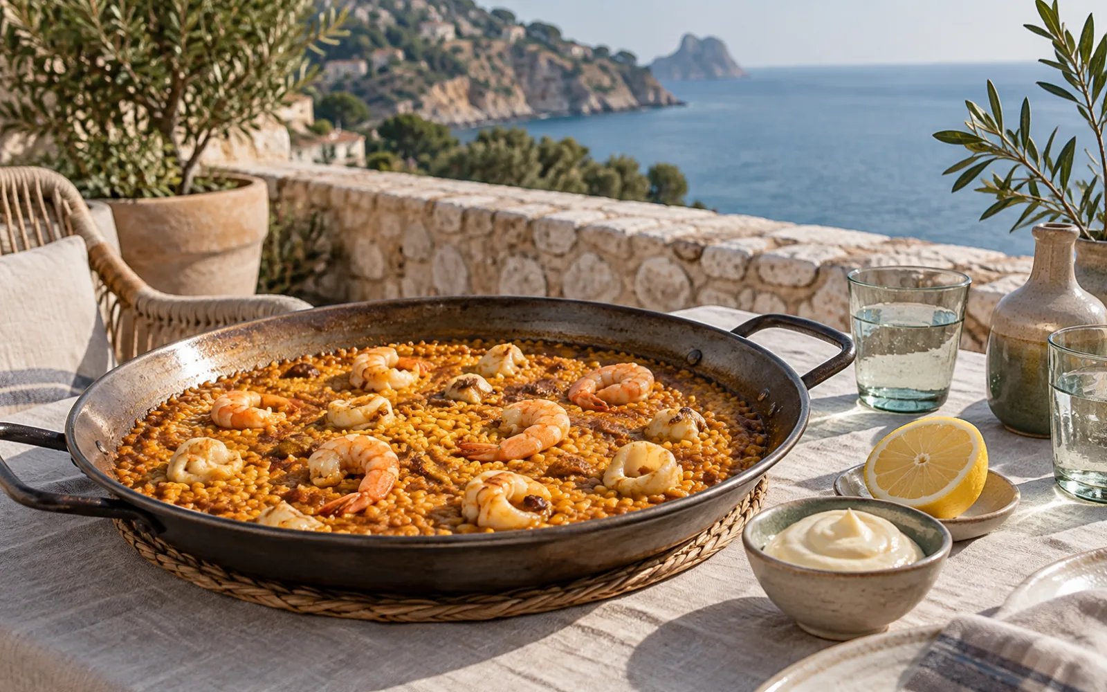 Arroz mediterráneo con marisco en una mesa de terraza — recreación visual con IA, no es un lugar concreto
