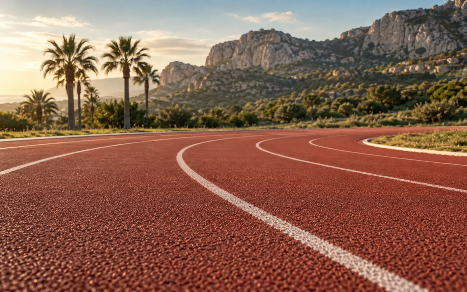 Detalle de una pista de atletismo — recreación visual con IA, no es un lugar concreto