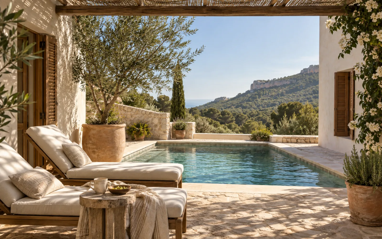 Patio mediterráneo con piscina y olivo — recreación visual con IA, no es un lugar concreto