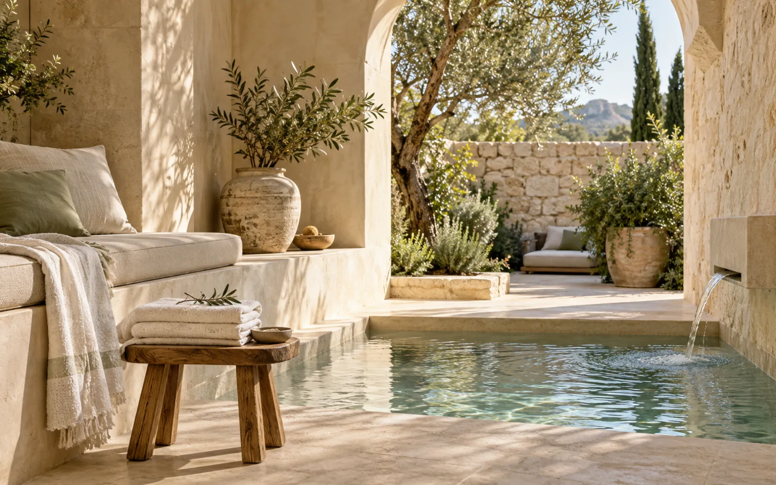 Ambiente de bienestar con piedra natural y agua — recreación visual con IA, no es un lugar concreto