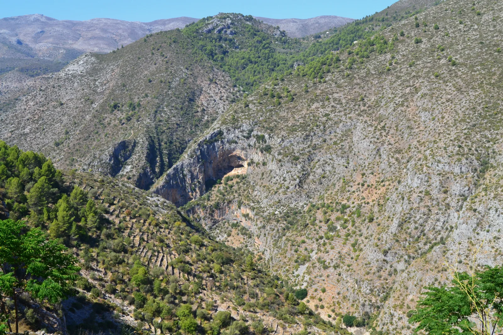 Barranco rocoso entre laderas mediterráneas y un sendero escalonado en la Vall de Laguar