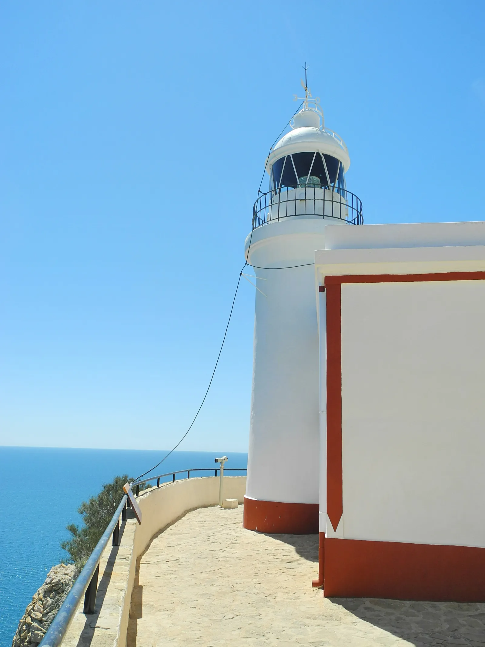 Torre blanca del faro de l’Albir junto a su edificio y el mar Mediterráneo