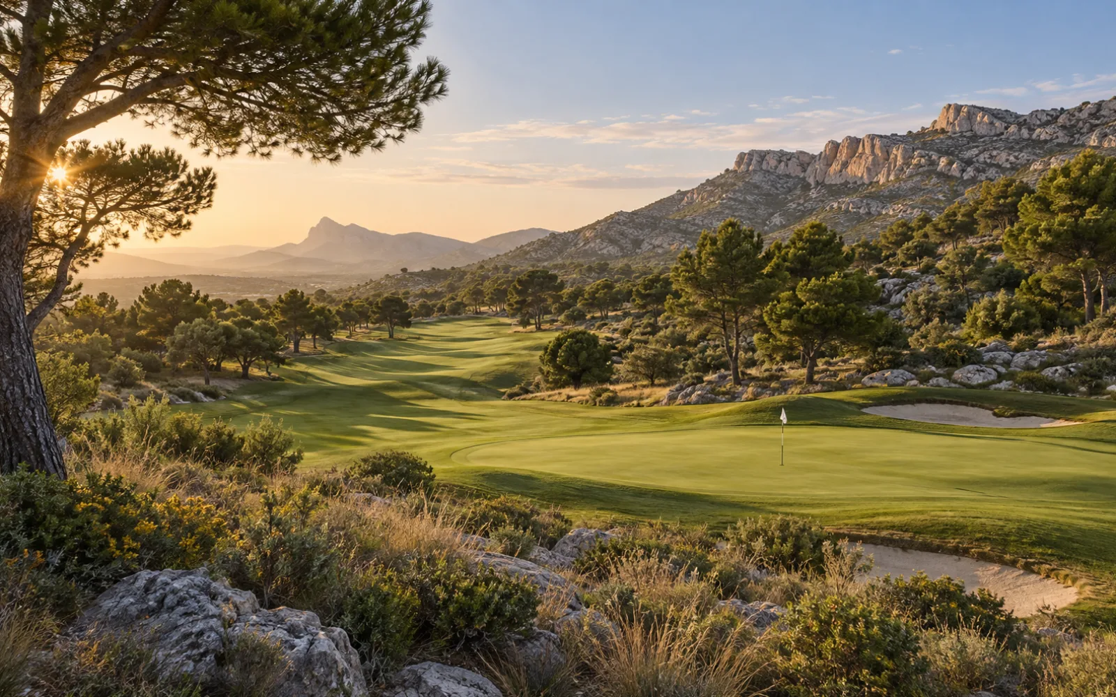 Un paisaje de golf entre pinos y sierras — recreación visual con IA, no es un lugar concreto