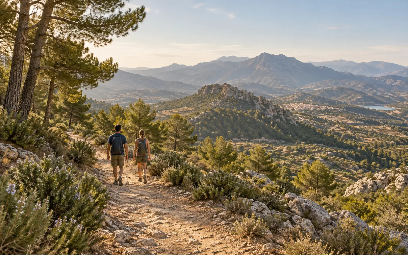 Senderistas entre pinares y montañas — recreación visual con IA, no es un lugar concreto