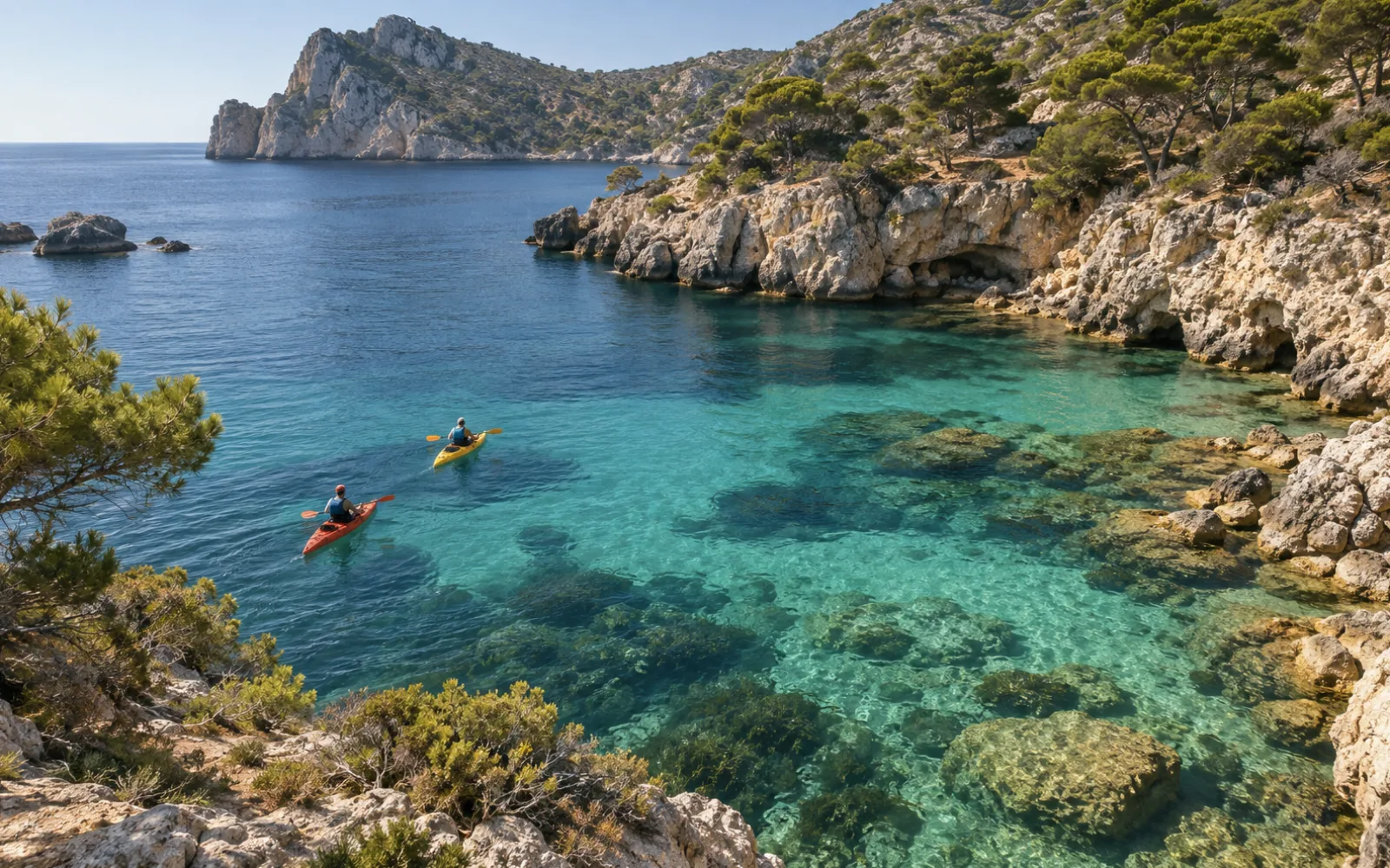 Kayaks junto a una costa de roca caliza y agua turquesa — recreación visual con IA, no es un lugar concreto